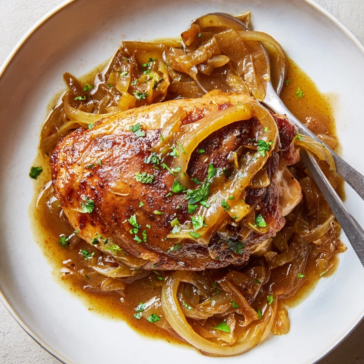 Skillet of Savory Smothered Chicken Thighs with seared skin, tender meat