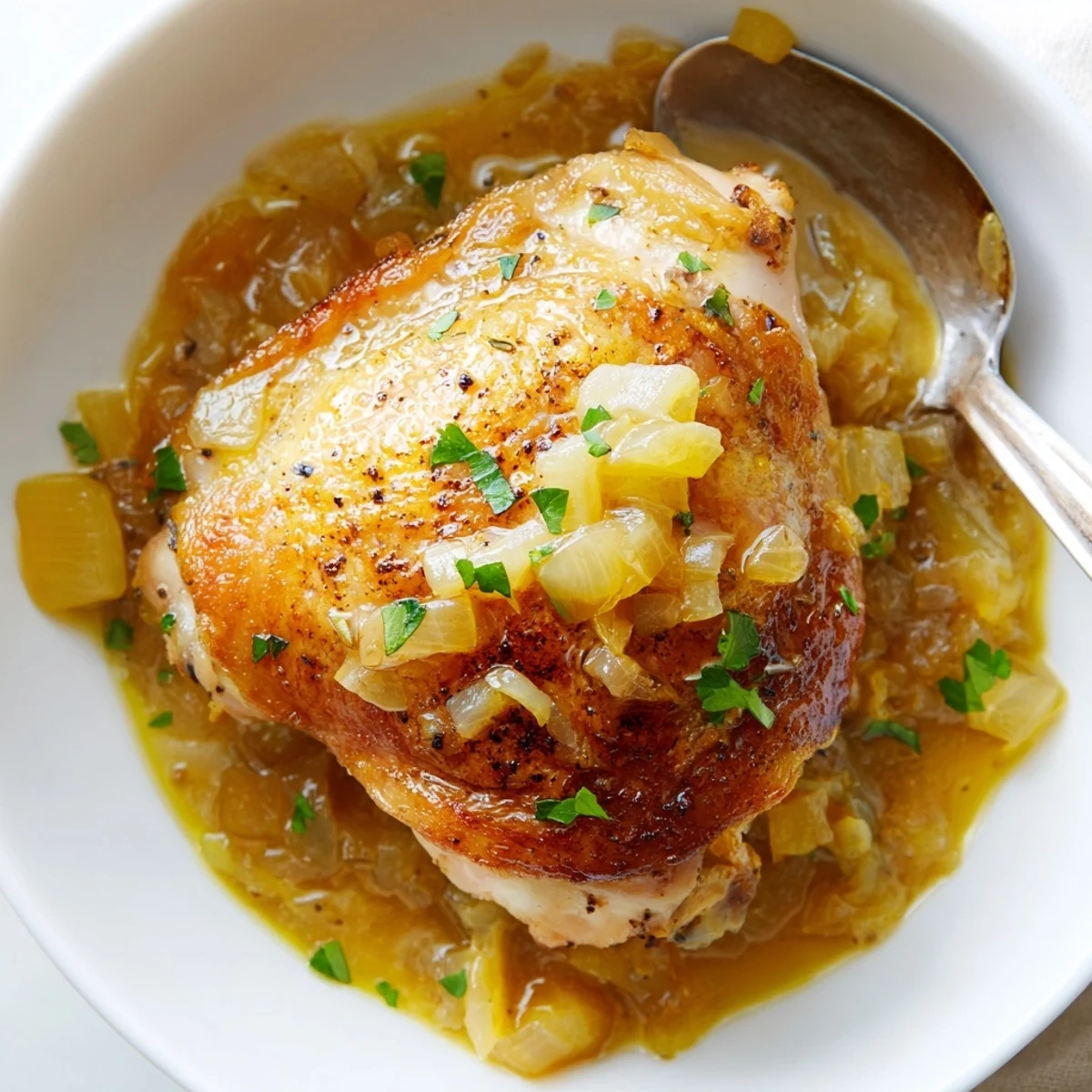 Warm Savory Smothered Chicken Thighs served over creamy mashed potatoes, fragrant