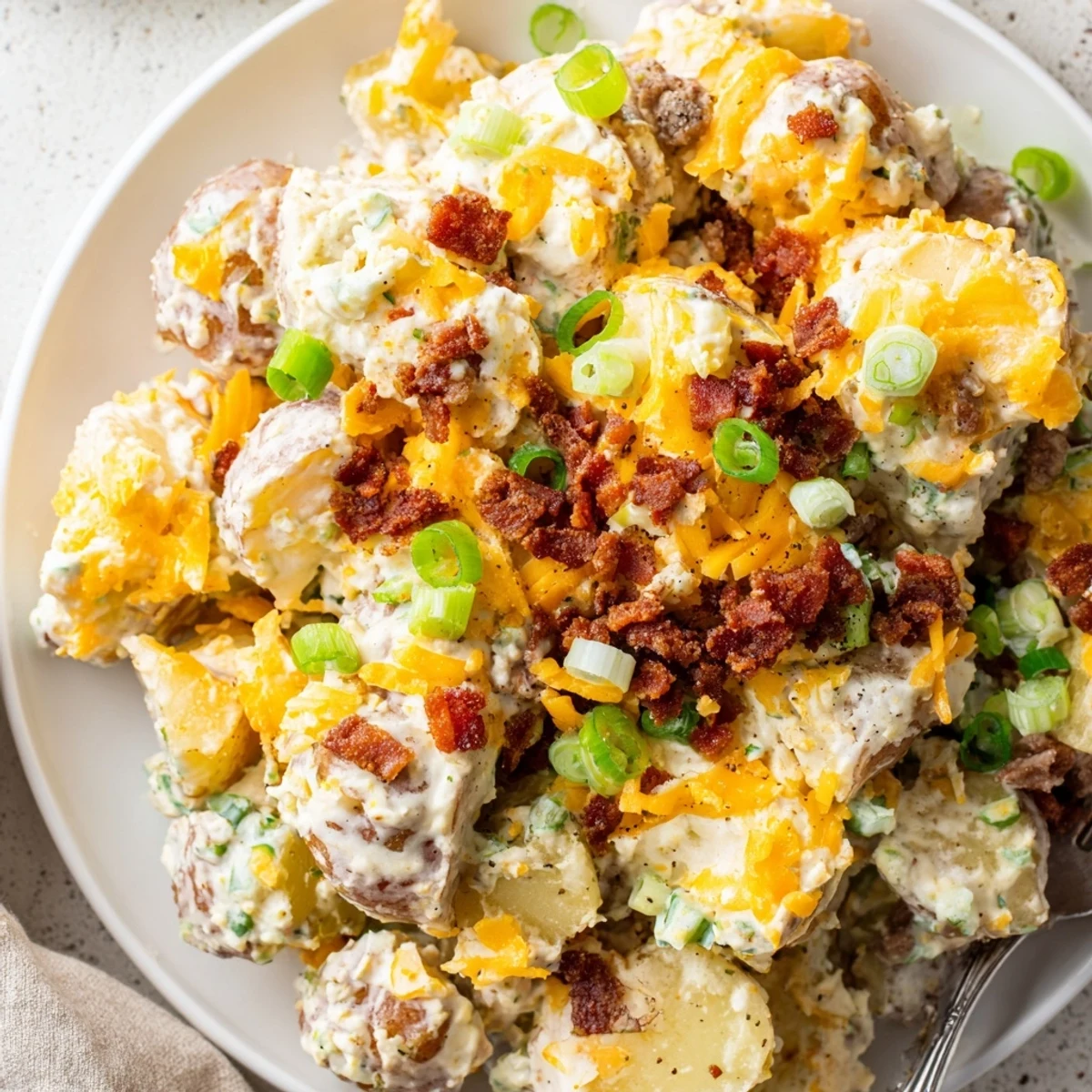 Beef Bacon Loaded Potato Salad piled high, creamy dressing and crispy bacon