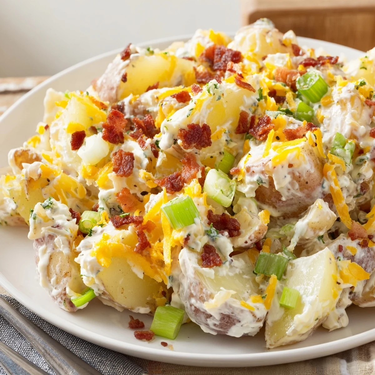 Warm Beef Bacon Loaded Potato Salad with sharp cheddar, scallions, parsley garnish
