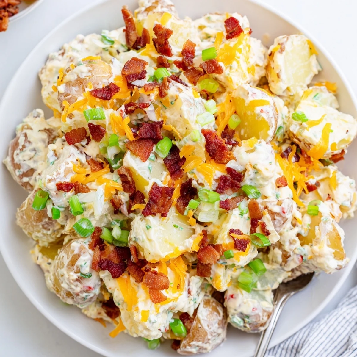 Creamy Beef Bacon Loaded Potato Salad served chilled or warm, crowd-pleasing side