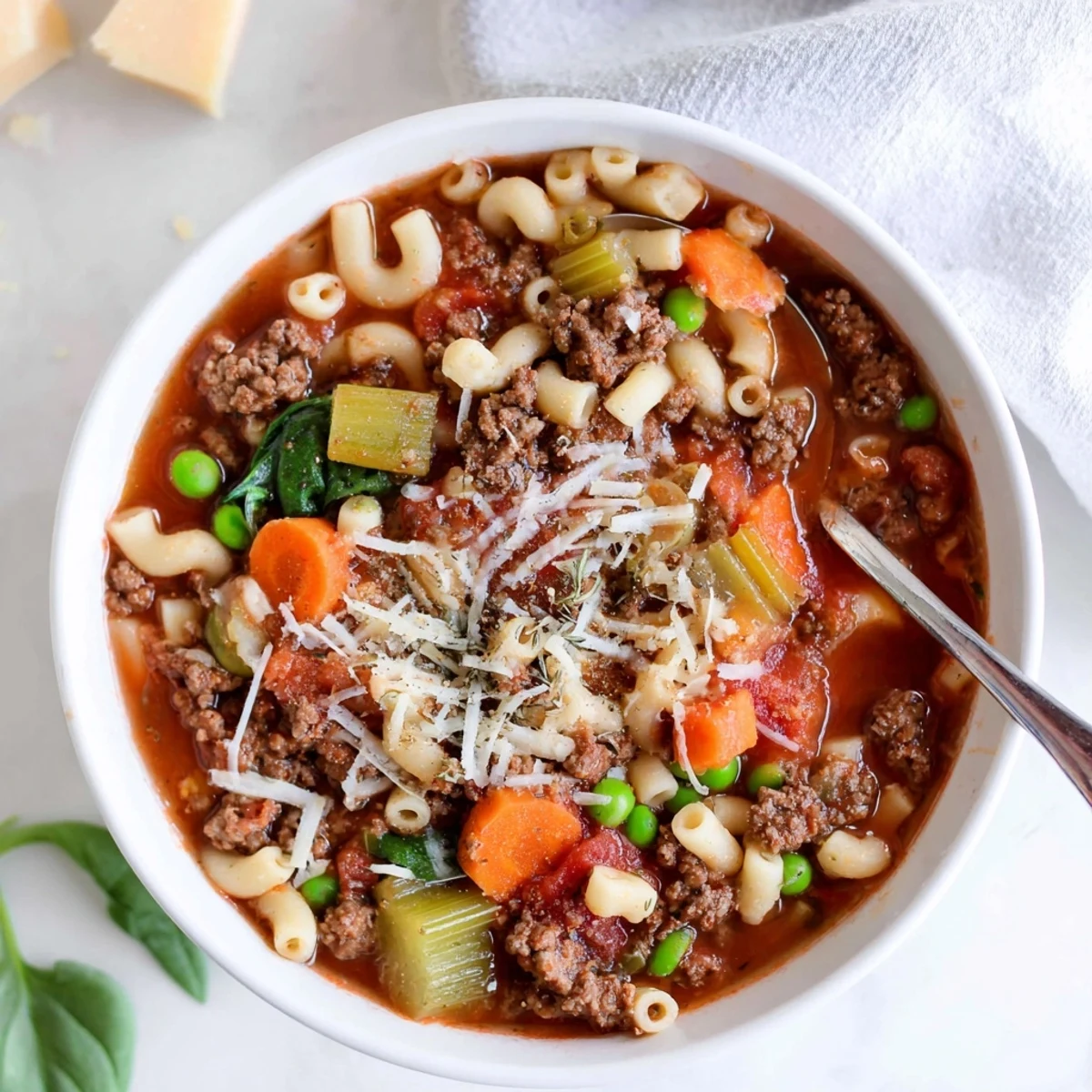 Delicious Homemade Ground Beef Pasta Soup Recipe For Comfort served steaming with grated Parmesan.