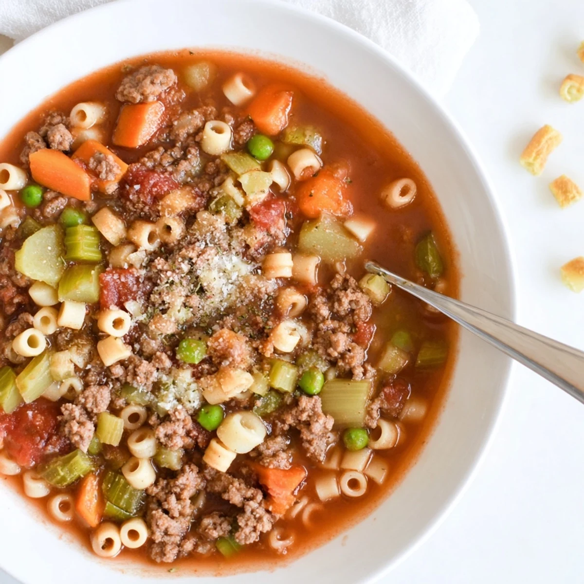 Spoon-ready bowl of Delicious Homemade Ground Beef Pasta Soup Recipe For Comfort, savory, vegetable-studded.