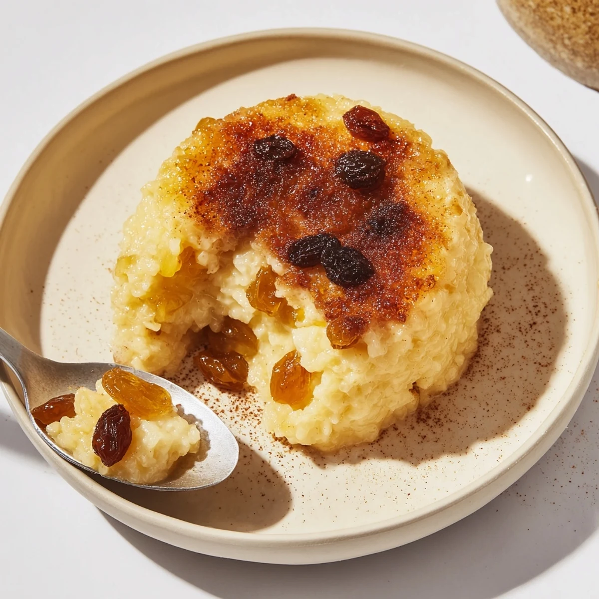 Warm bowl of Delicious Condensed Milk Baked Rice Pudding Recipe, creamy comforting spoonful.  