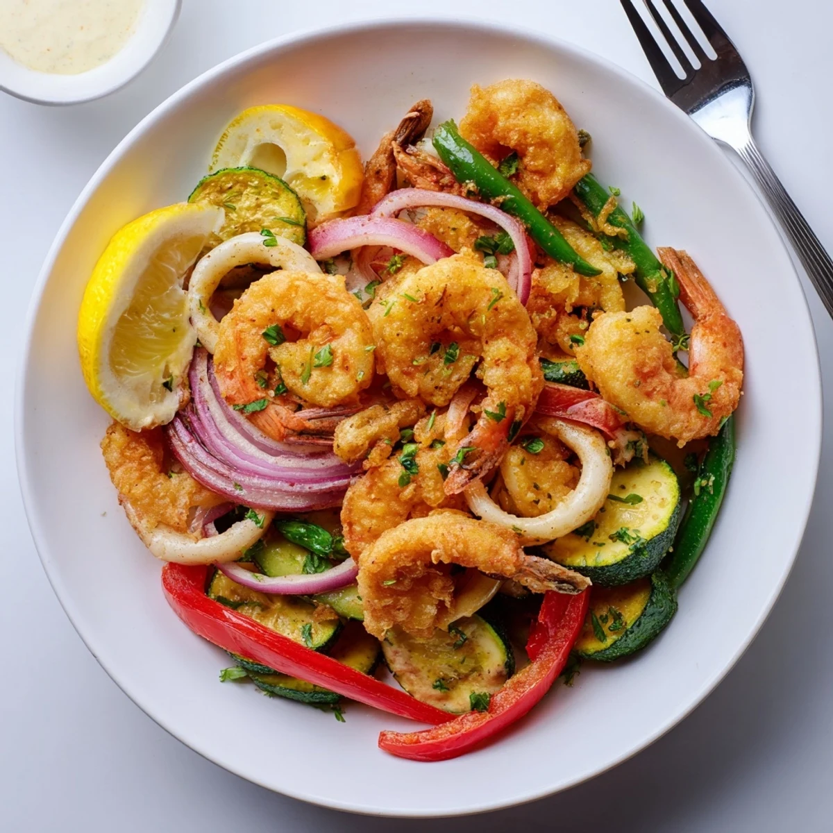 Crispy Shrimp Fritto Misto piled golden, steaming, garnished with lemon wedges