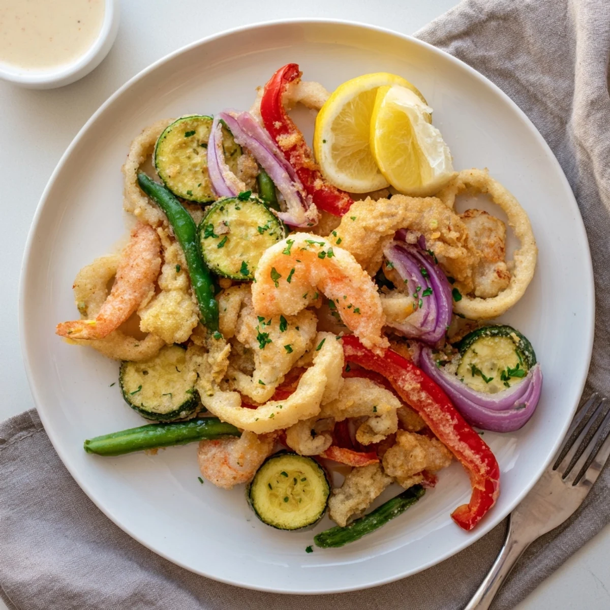 A platter of Crispy Shrimp Fritto Misto and vegetables, hot and crisp
