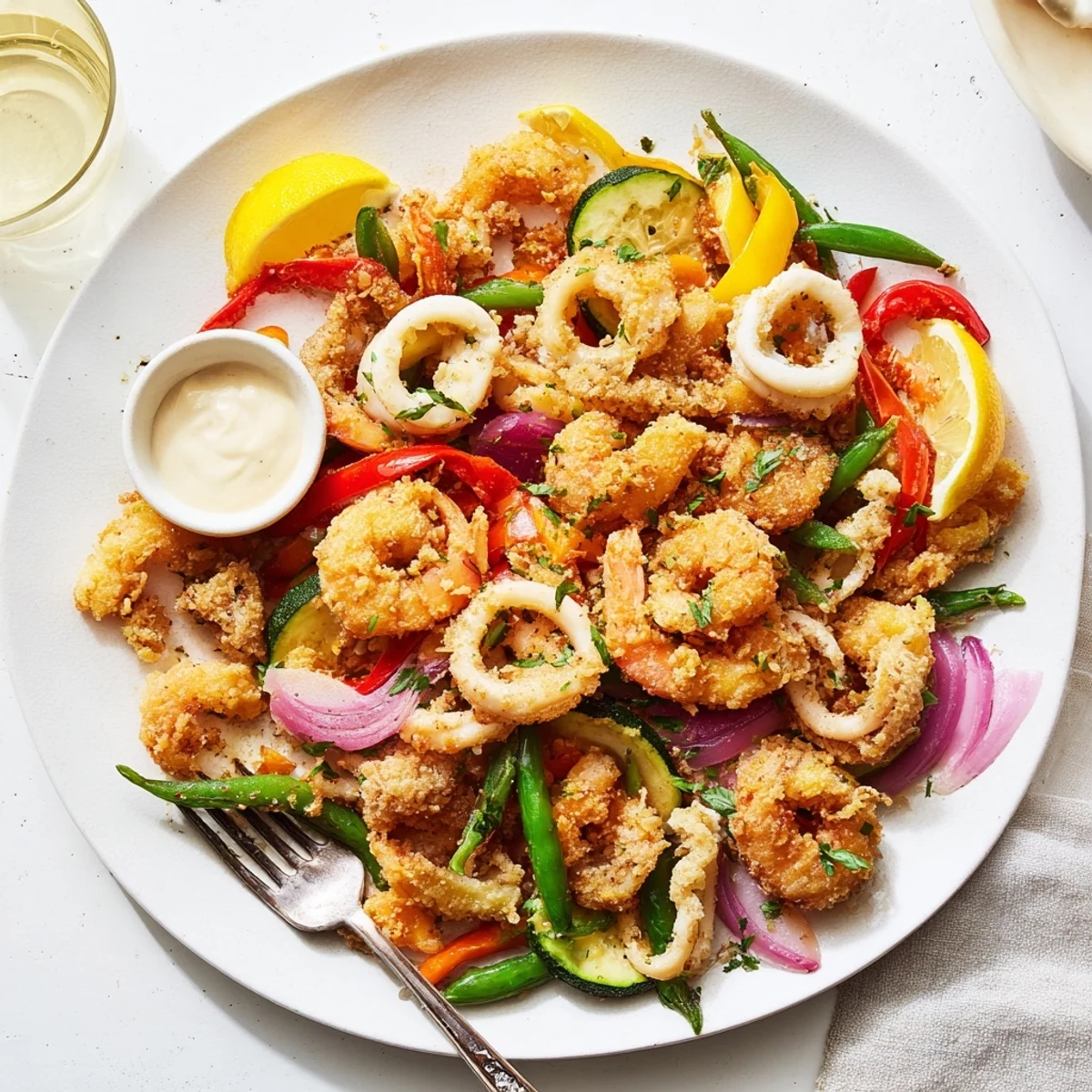 Light, airy batter yields crunch in Crispy Shrimp Fritto Misto served with aioli