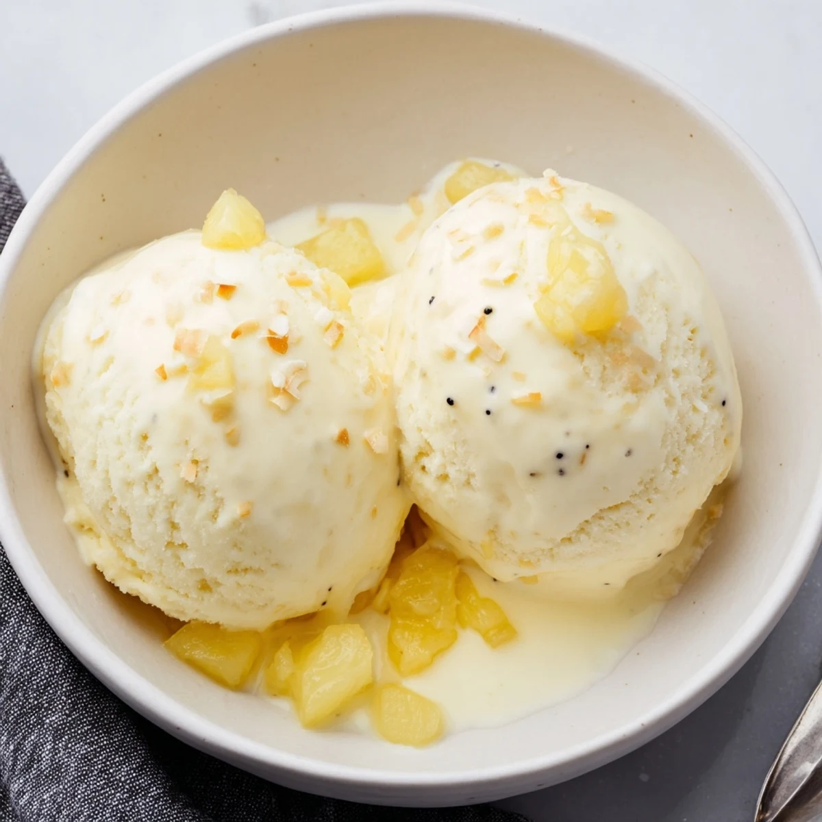 Homemade Creamy Pineapple Ice Cream chilling in freezer-safe container, ready to scoop
