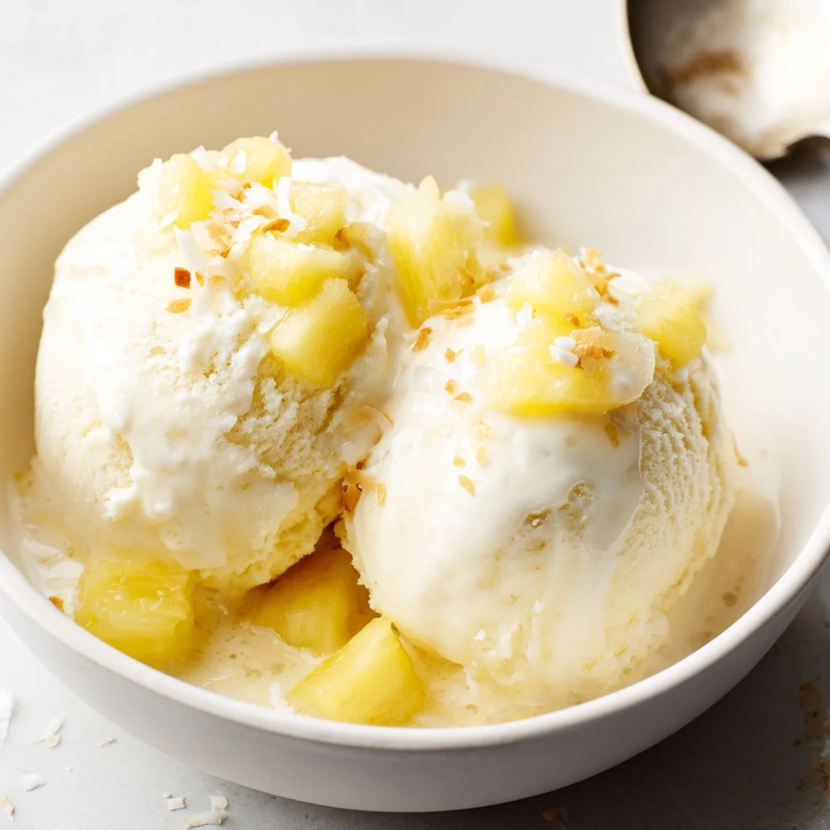 Serving suggestion: Creamy Pineapple Ice Cream with toasted coconut and rum drizzle