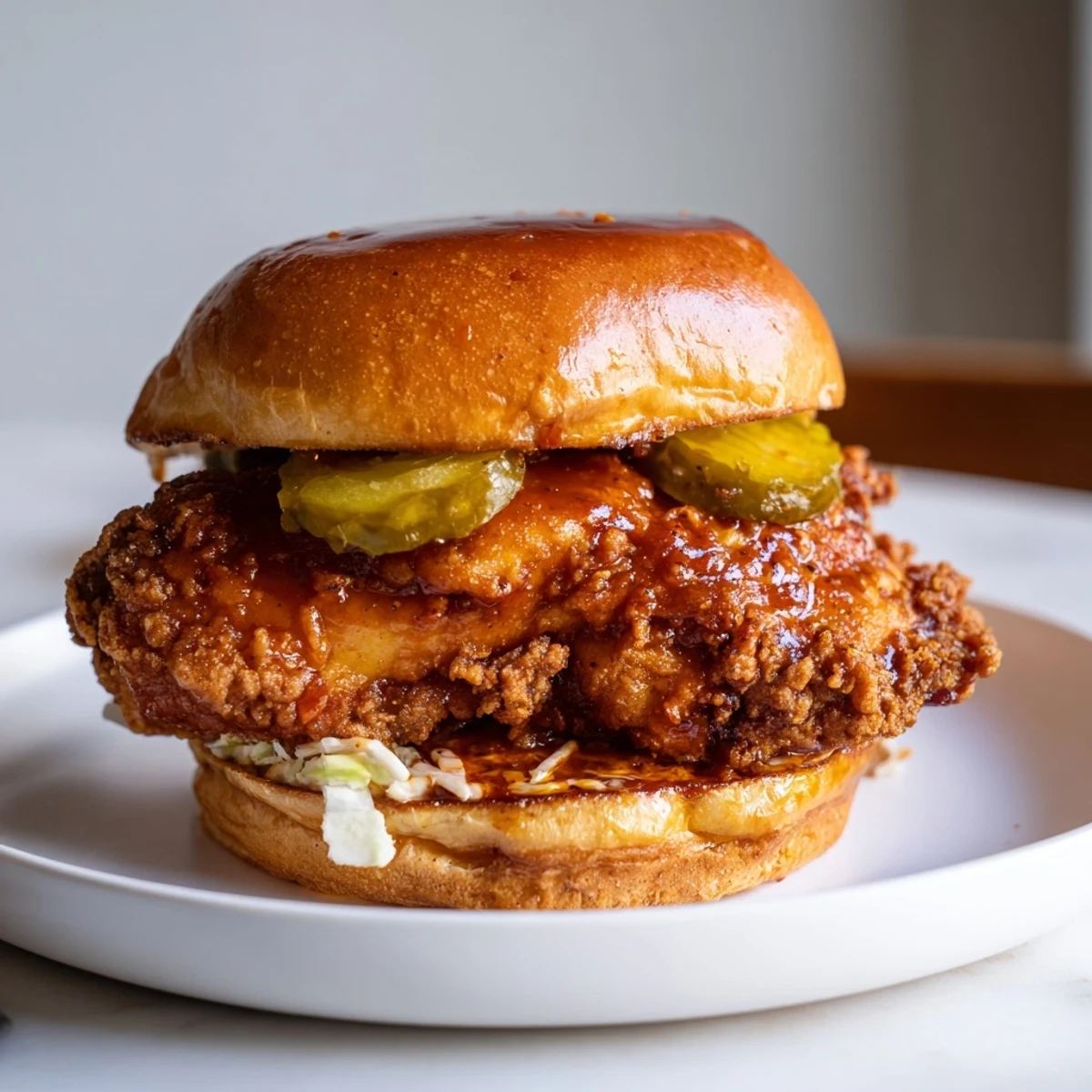 Spicy Nashville Hot Chicken Sandwiches on toasted brioche with crunchy pickles and slaw