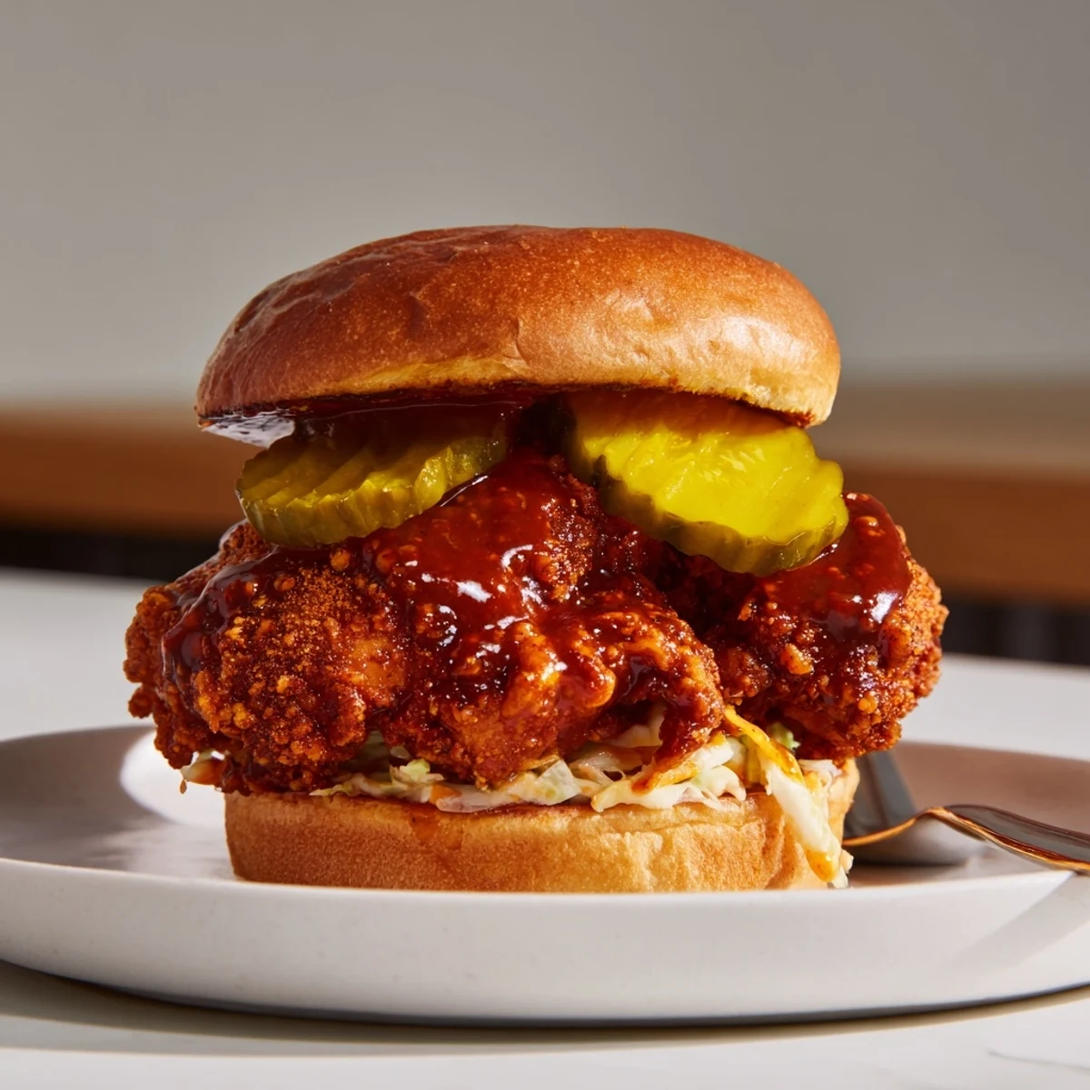 Stacked Spicy Nashville Hot Chicken Sandwiches served immediately with creamy slaw and tea