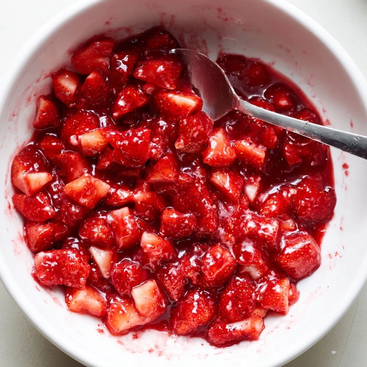 Strawberry Cake Filling Recipe showing glossy red filling cooling in saucepan