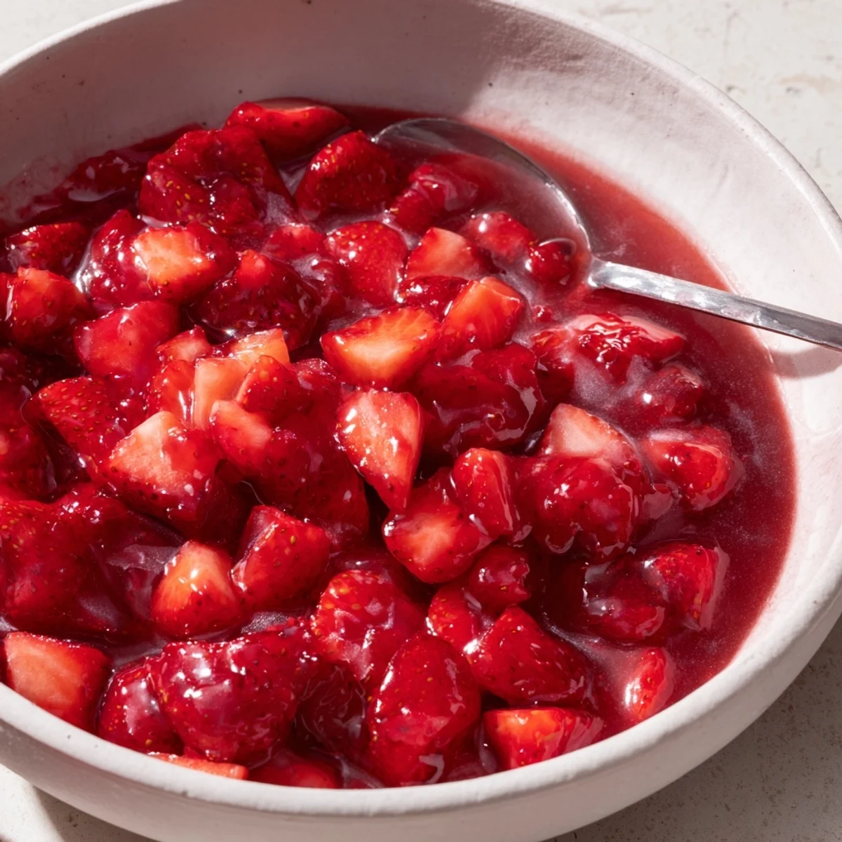 Close-up spoon drizzling warm Strawberry Cake Filling Recipe over freshly baked cupcakes