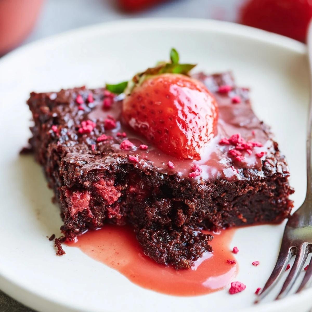 Strawberry Brownies cooling on parchment-lined pan, fudgy center and glossy glaze