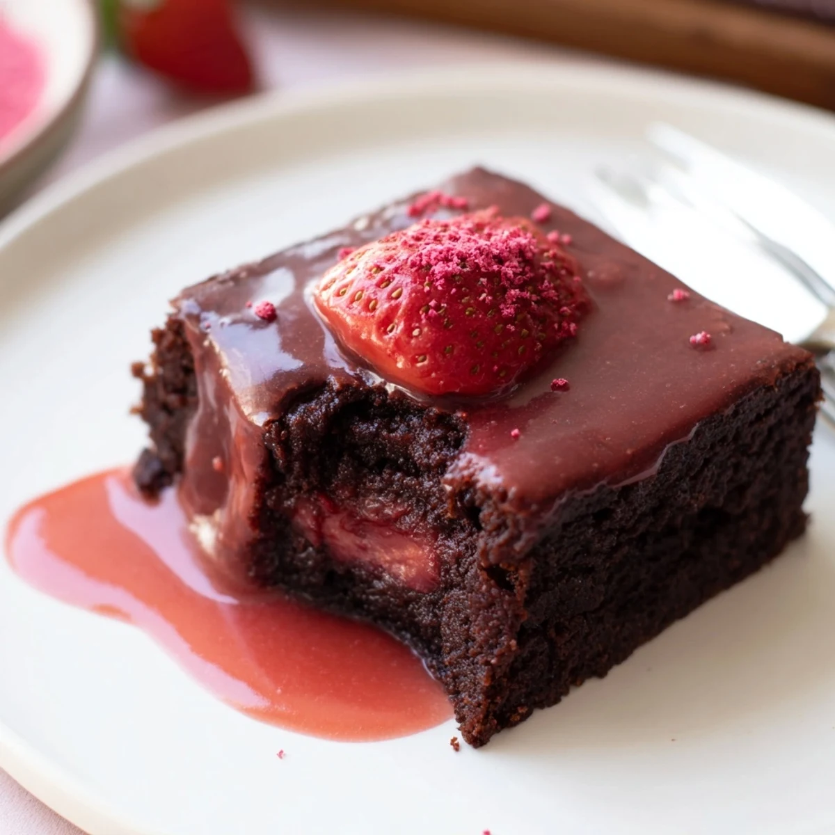 Sliced Strawberry Brownies reveal moist, pink-speckled interior, perfect with cold milk