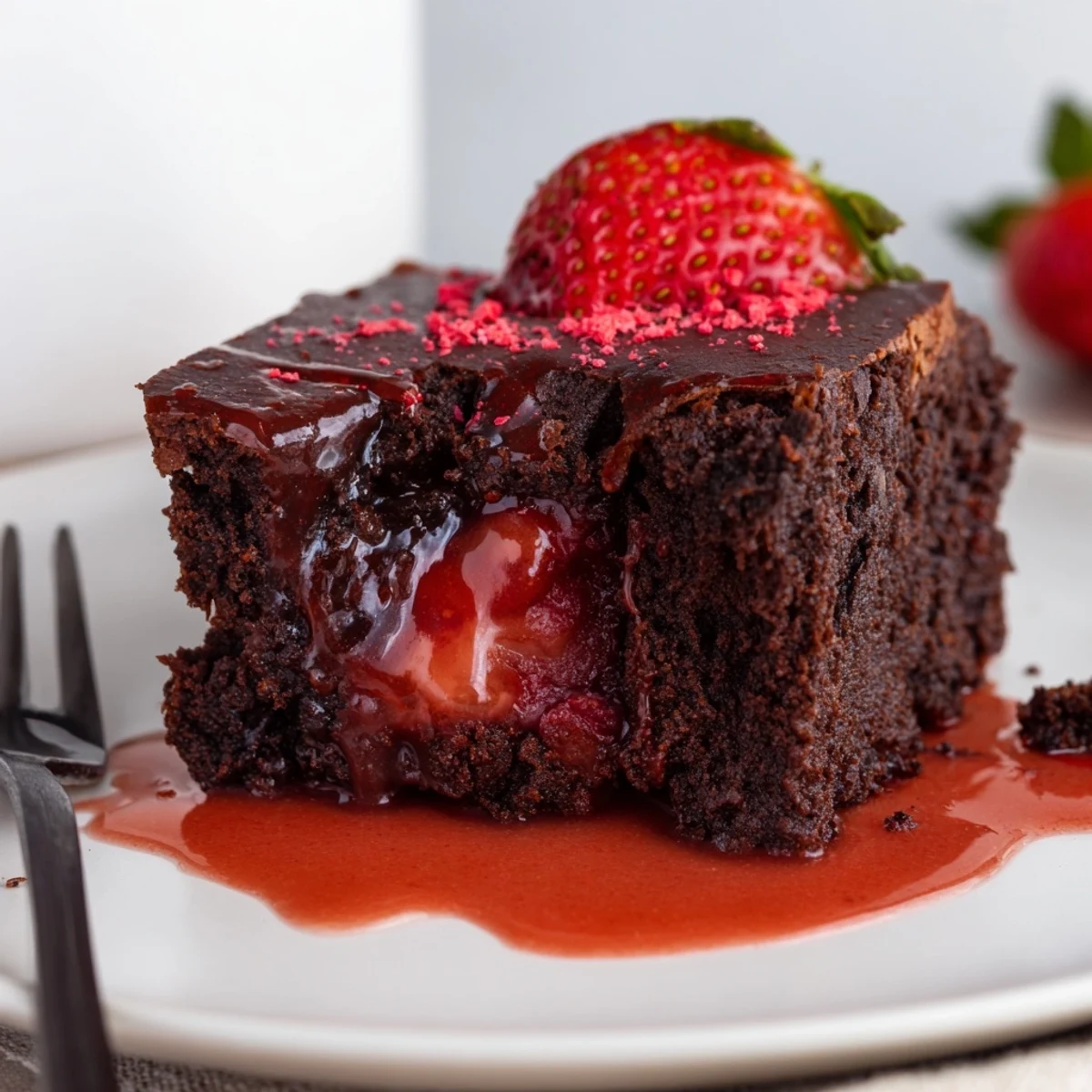 Warm Strawberry Brownies dusted with powdered sugar, served with fresh strawberries