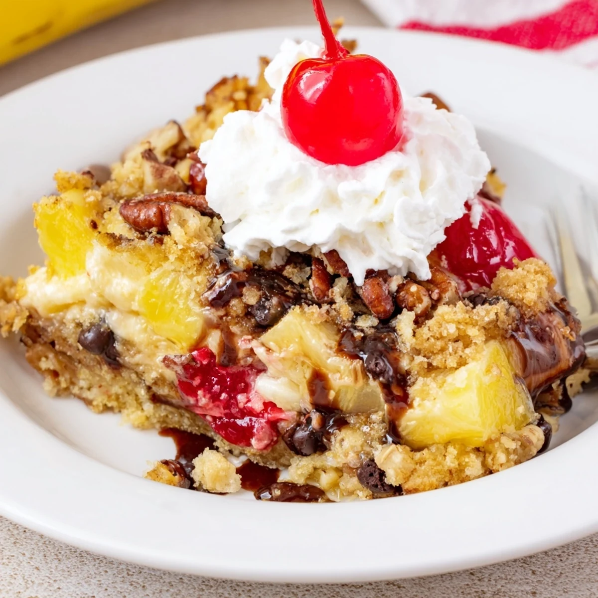Warm Banana Split Dump Cake bubbling with pineapple, bananas, chocolate chips