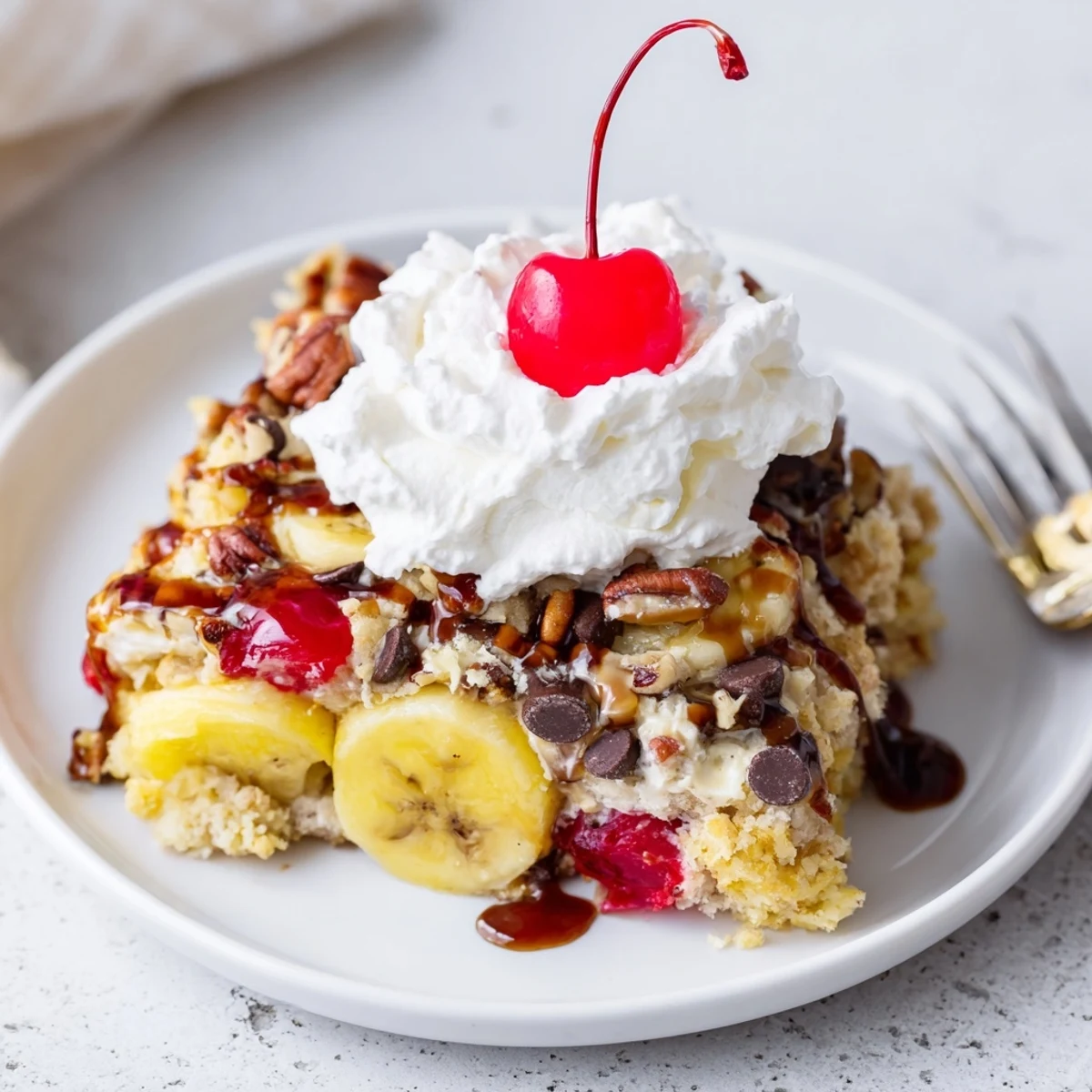 Sliced bananas and cherries topping a freshly baked Banana Split Dump Cake