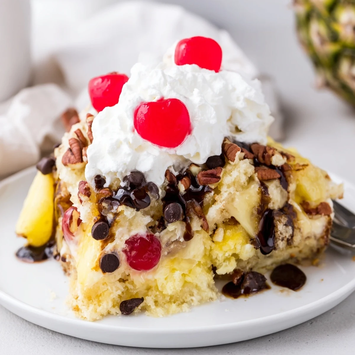 Creamy whipped topping and vanilla ice cream beside a warm Banana Split Dump Cake
