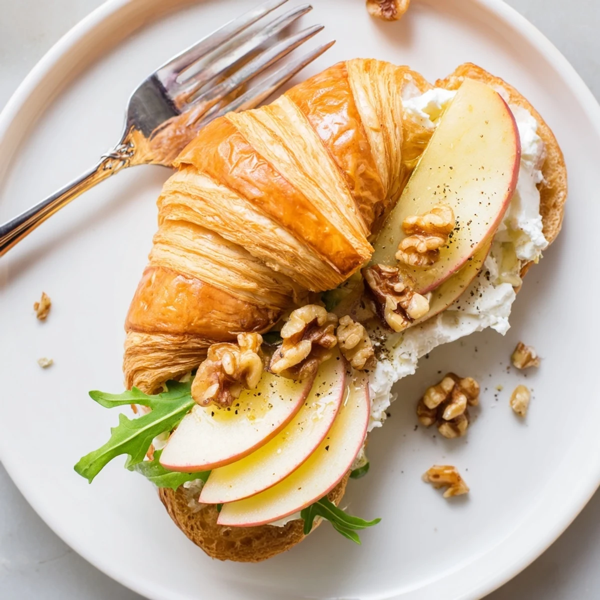 Buttery Apple Goat Cheese Croissant Sandwich sliced open, crisp apples and creamy cheese.