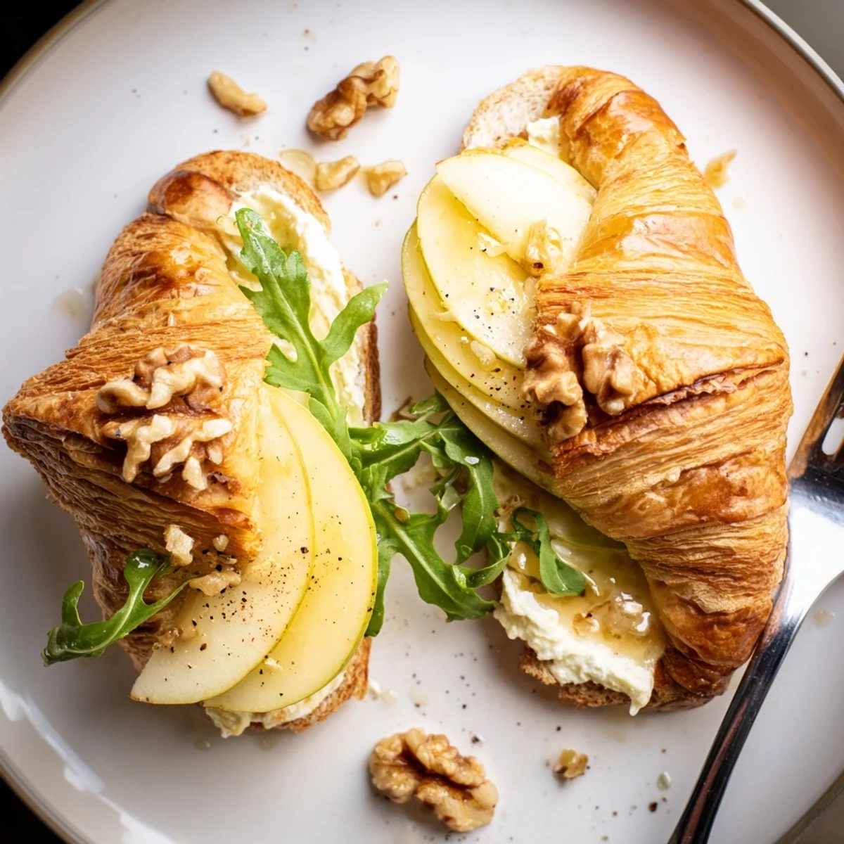 Toasted Apple Goat Cheese Croissant Sandwich halves reveal layers, crunchy walnuts, peppered arugula.
