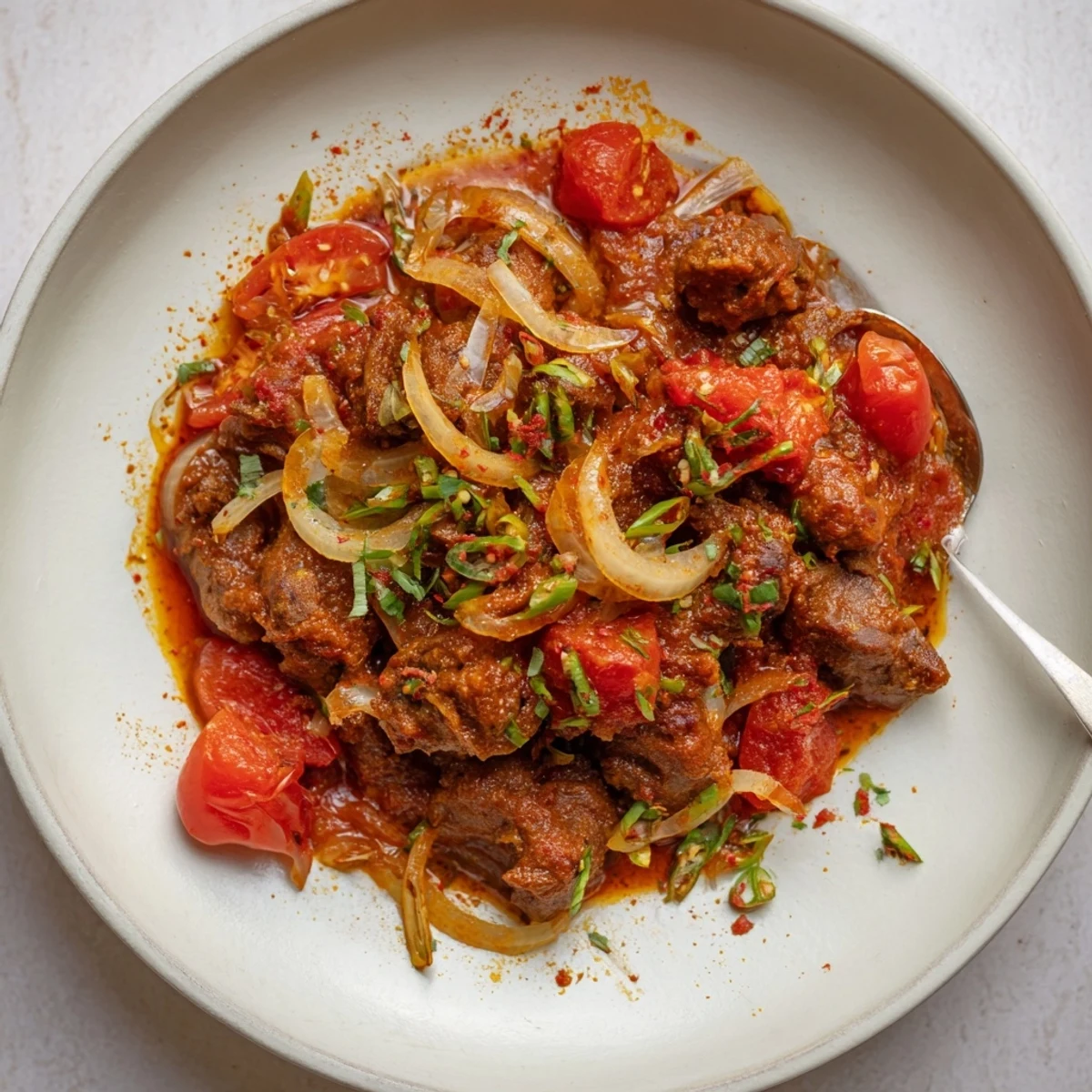 Slow-simmered Kenyan Goat Wet Fry releasing aromatic ginger, garlic, and coriander