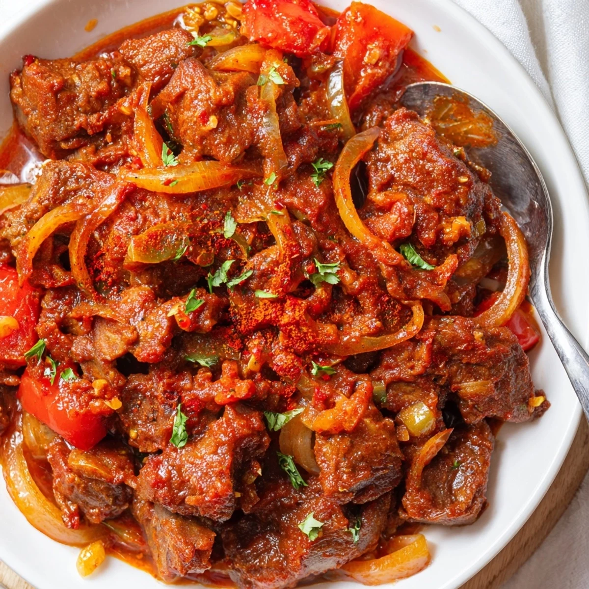 Kenyan Goat Wet Fry glistening with spiced tomatoes and onions, served with ugali