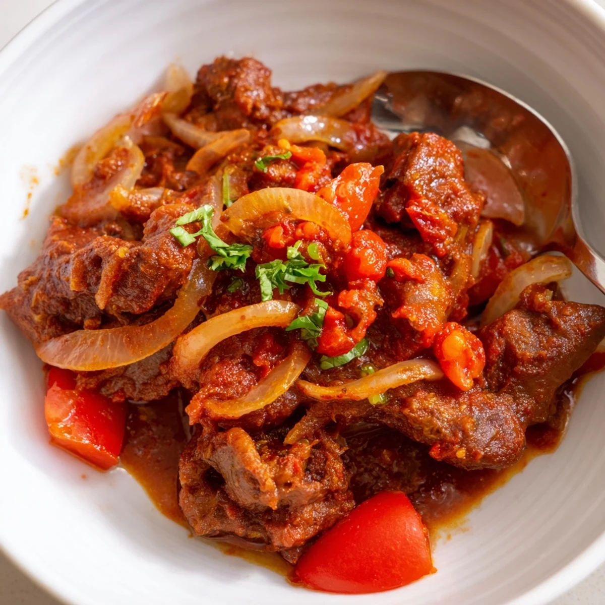 Tender bite-sized Kenyan Goat Wet Fry in glossy spice sauce, ideal with rice