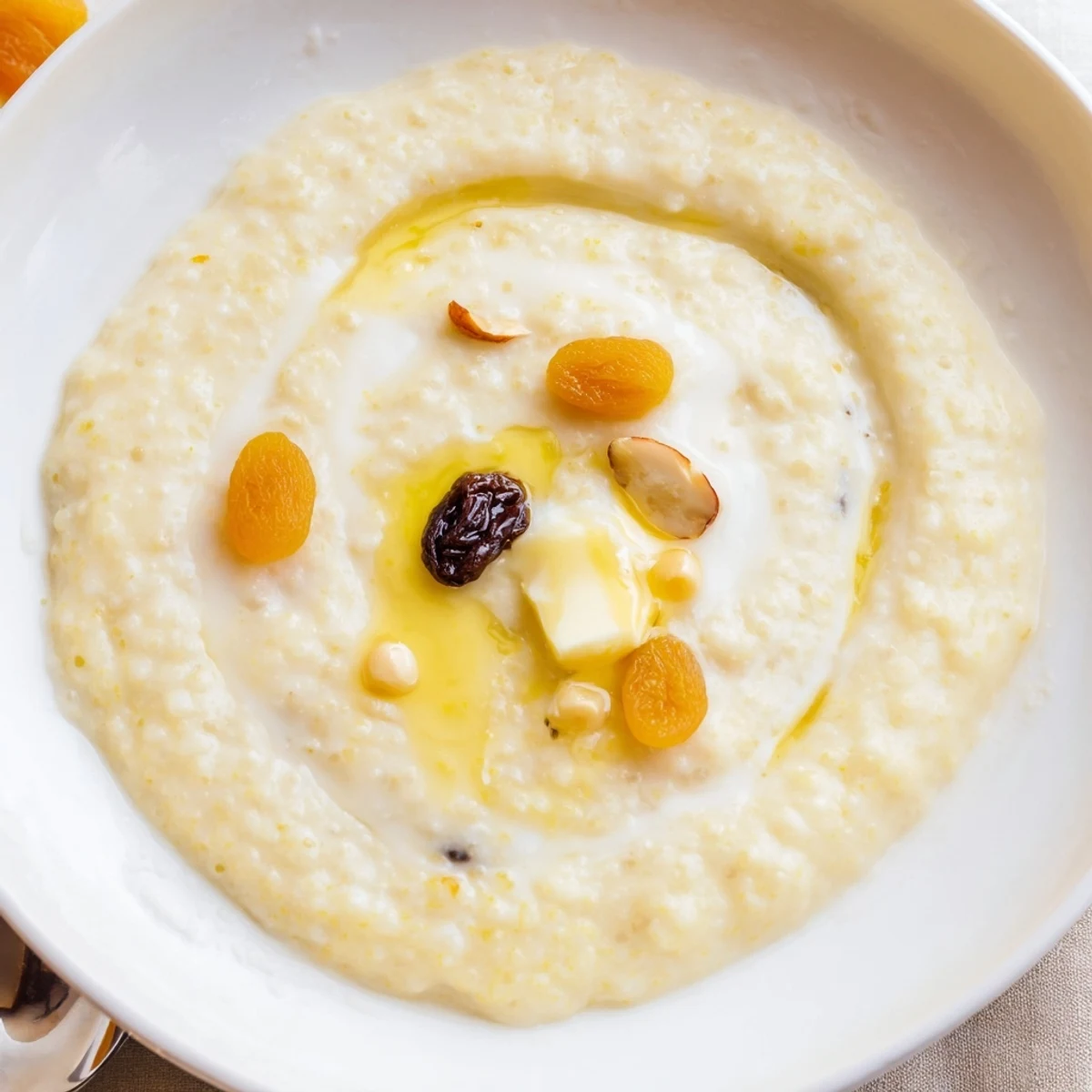 Bowl of warm porridge: Maize Porridge drizzled with honey, crunchy nuts.
