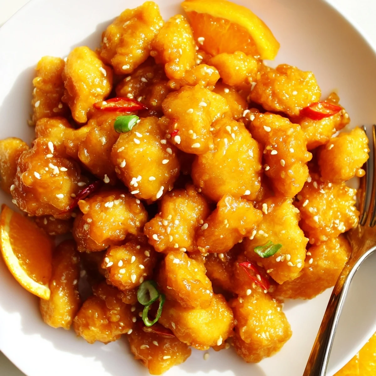 Orange Chicken piled on jasmine rice, glossy orange glaze, sesame garnish.