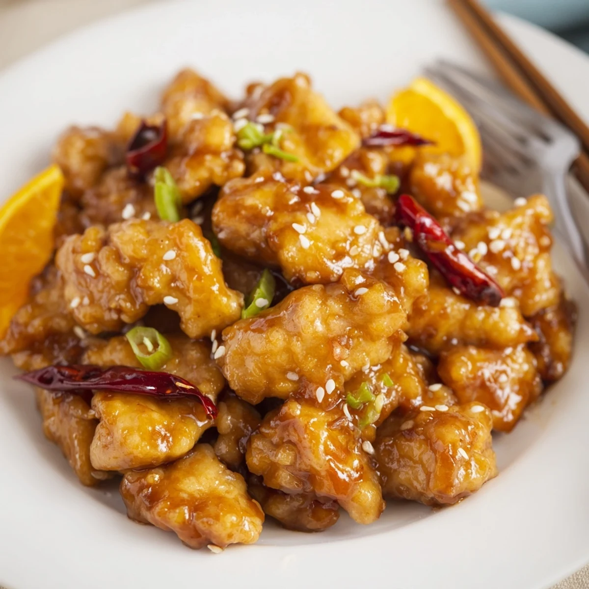 Sweet-spicy Orange Chicken with bright citrus aroma, red chili slices.