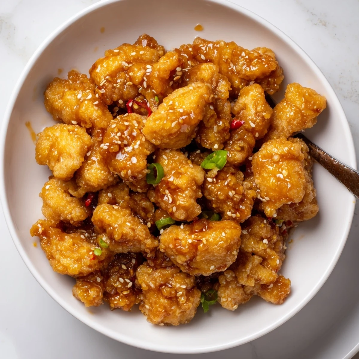 Crispy Orange Chicken tossed in tangy sauce, green onions, steamed rice.