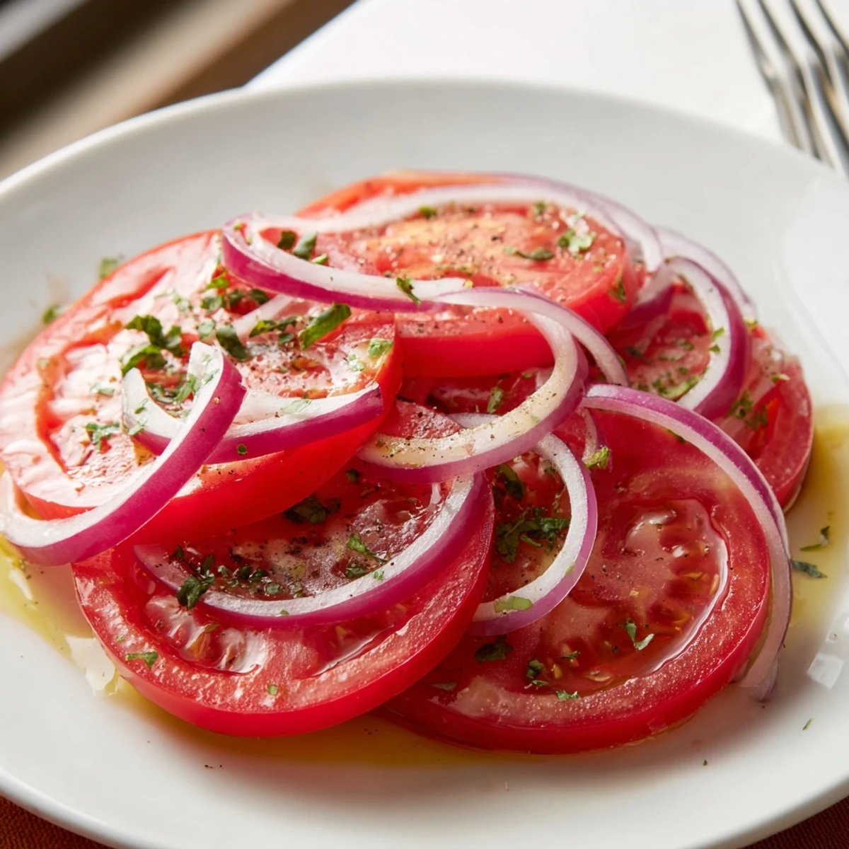 Tomato And Onion Salad glistening with vinaigrette, bright parsley, ready to serve.