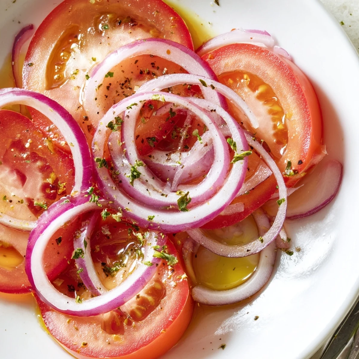 Simple Tomato And Onion Salad marinating five minutes, vibrant red slices, perfect picnic side.