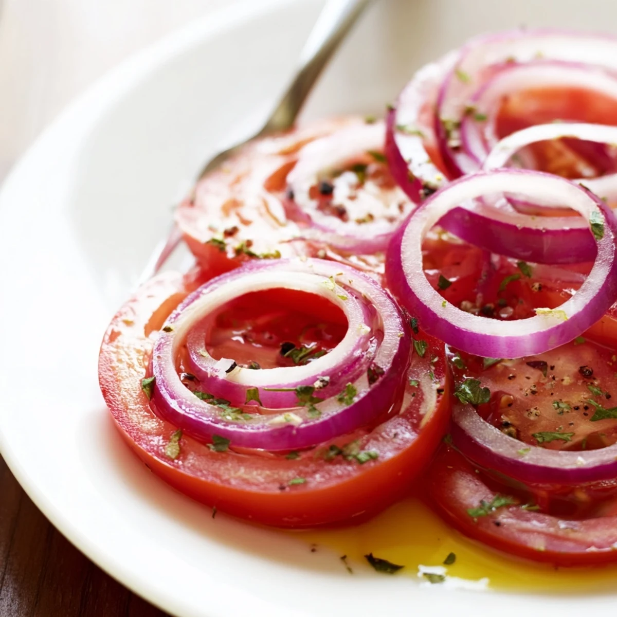 Fresh Tomato And Onion Salad on platter, tangy lemon notes, cool crunch.