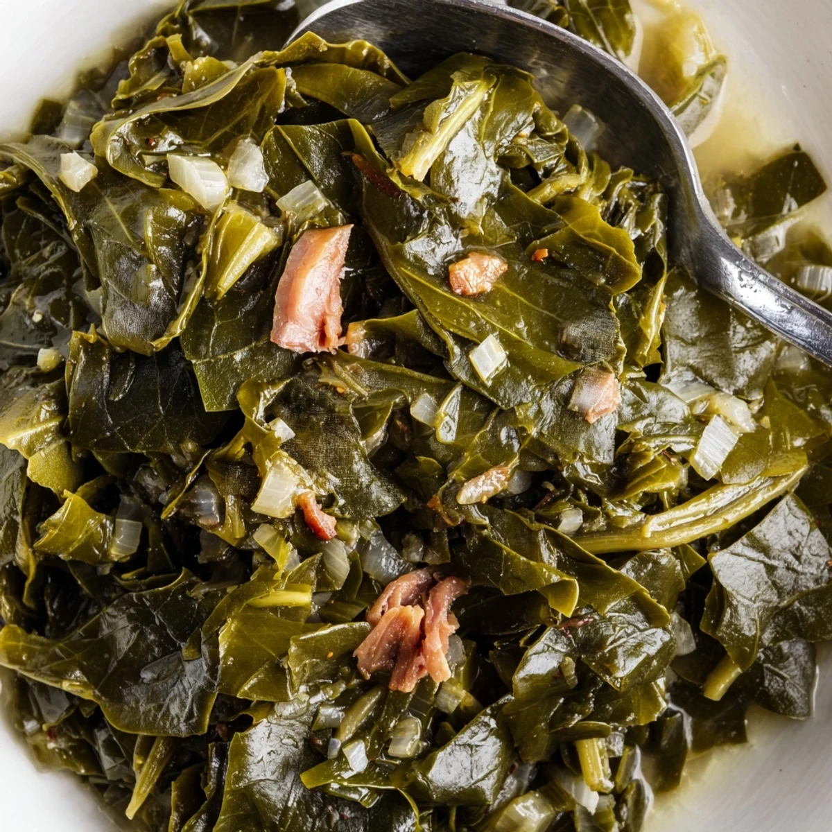 Bowl of Collard Greens with garlic-onion aroma, steamy, perfect with cornbread