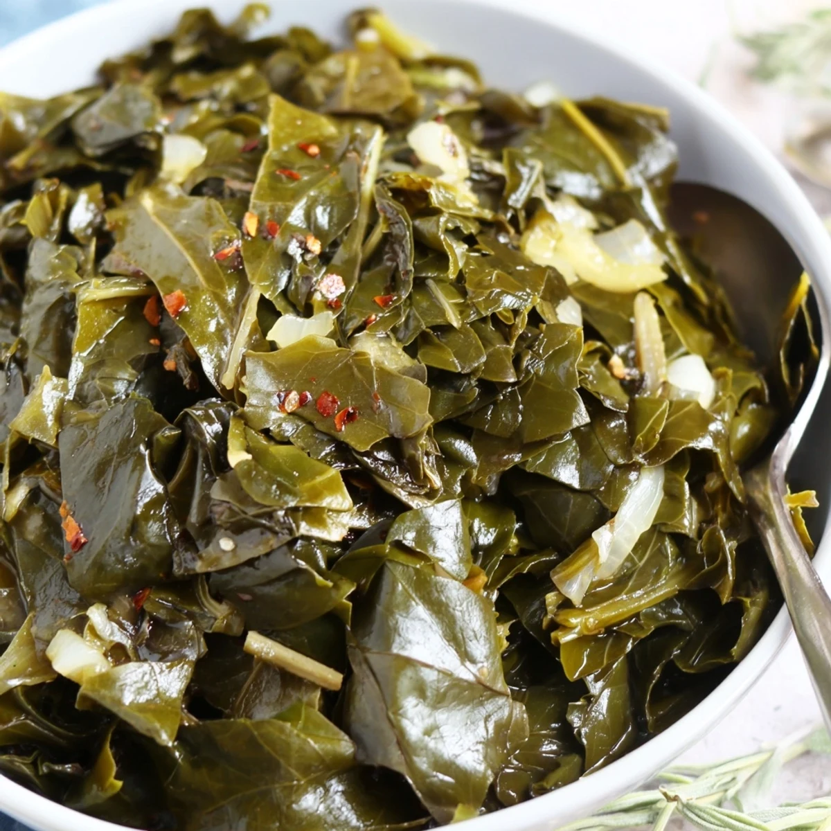 Collard Greens simmered with smoky ham hock, glossy and tender, served