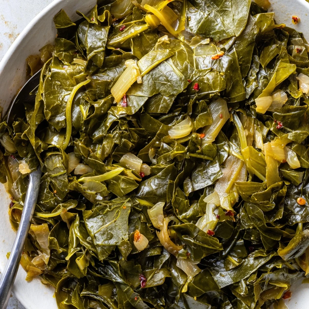 Slow-cooked Collard Greens in rich broth, tangy vinegar notes, plated for sharing