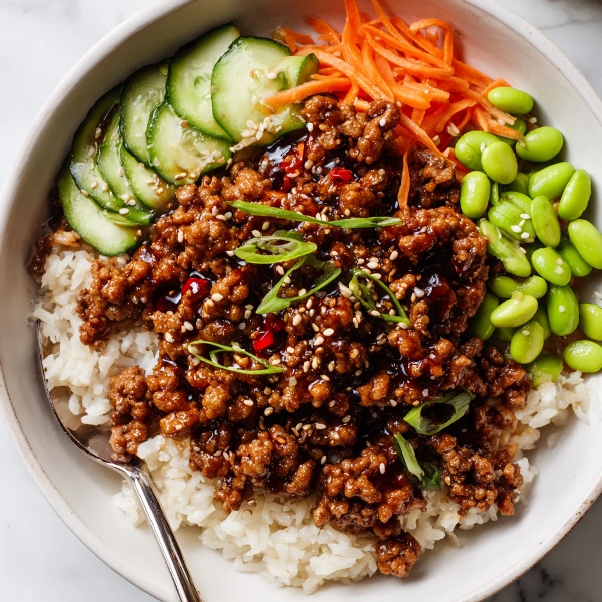 Viral Ground Beef Hot Honey Bowl steaming with glossy honey glaze and vibrant veggies