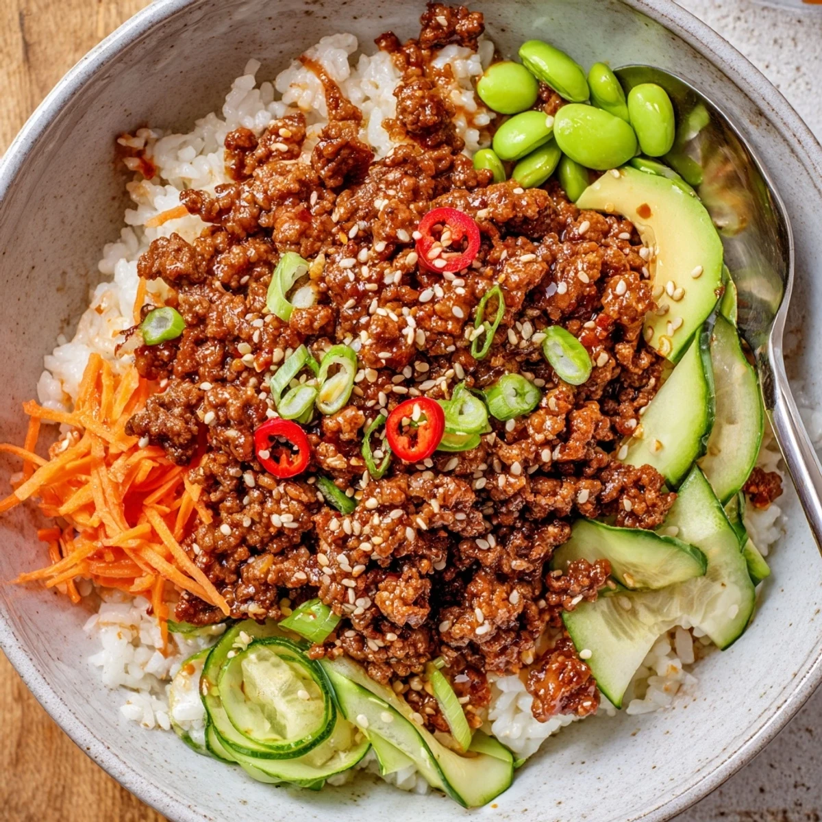 Viral Ground Beef Hot Honey Bowl topped with crispy scallions, sesame, tangy heat