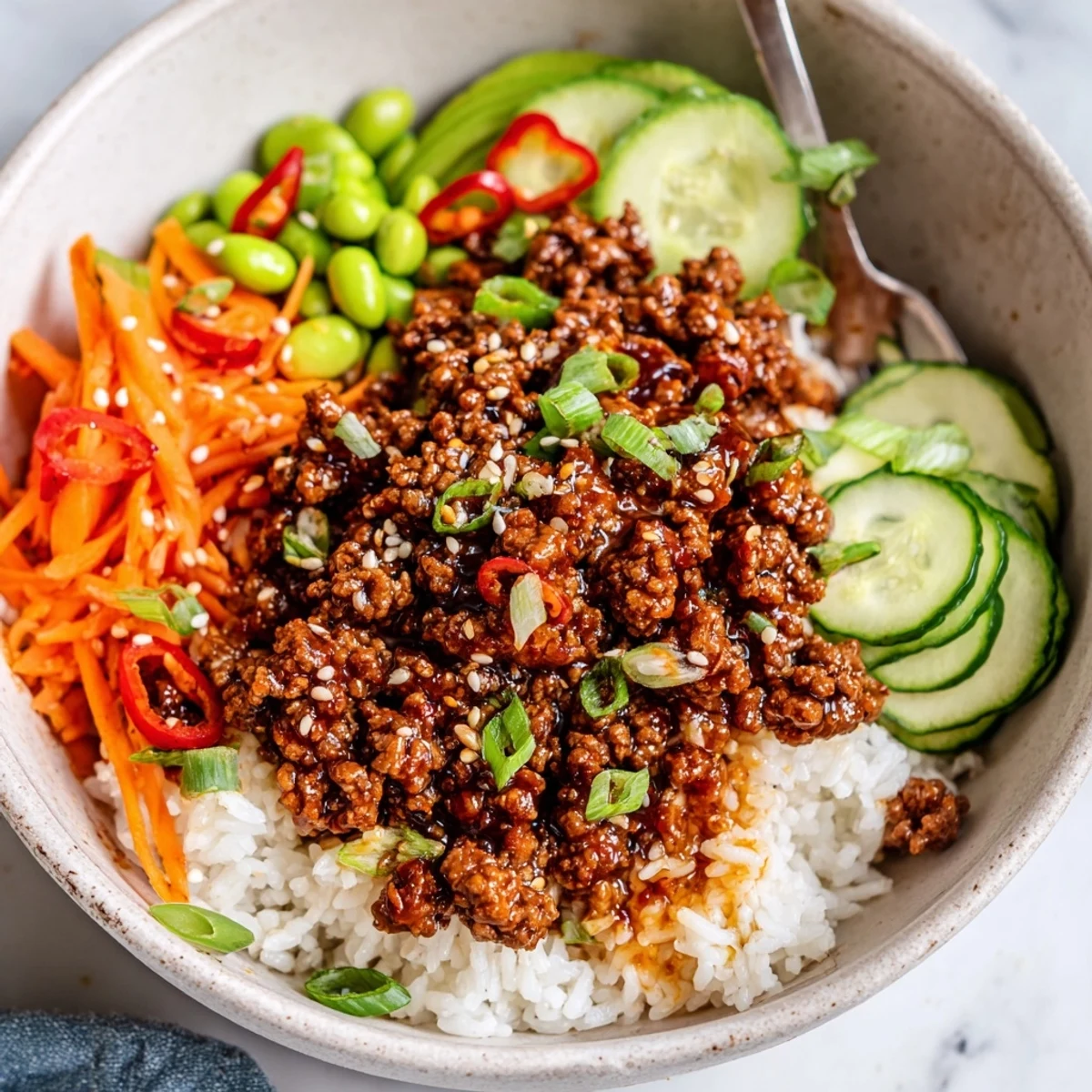 Viral Ground Beef Hot Honey Bowl piled over fluffy rice, spicy and sweet