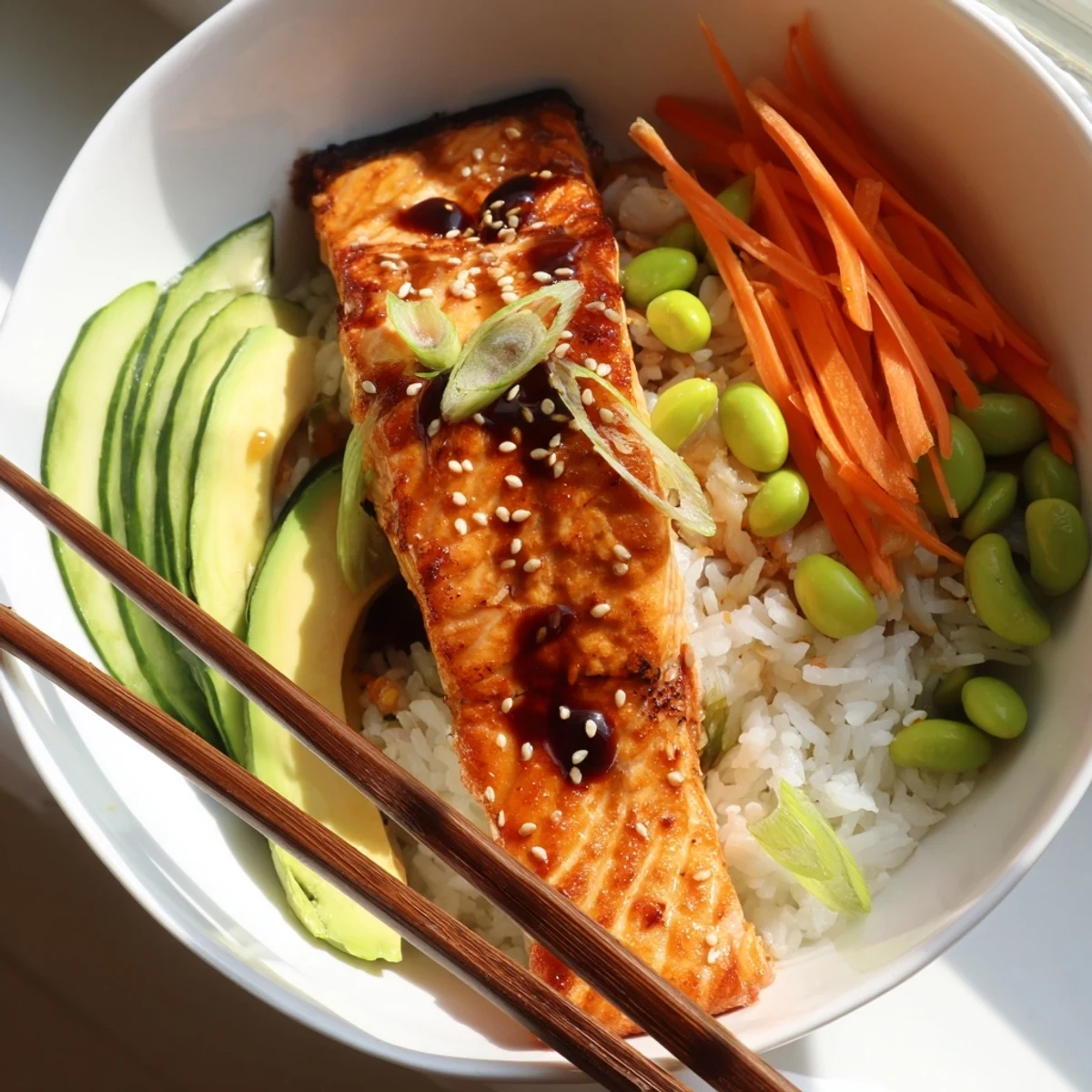 Crispy Salmon And Rice Bowl with golden skin, fluffy rice, vibrant vegetables.