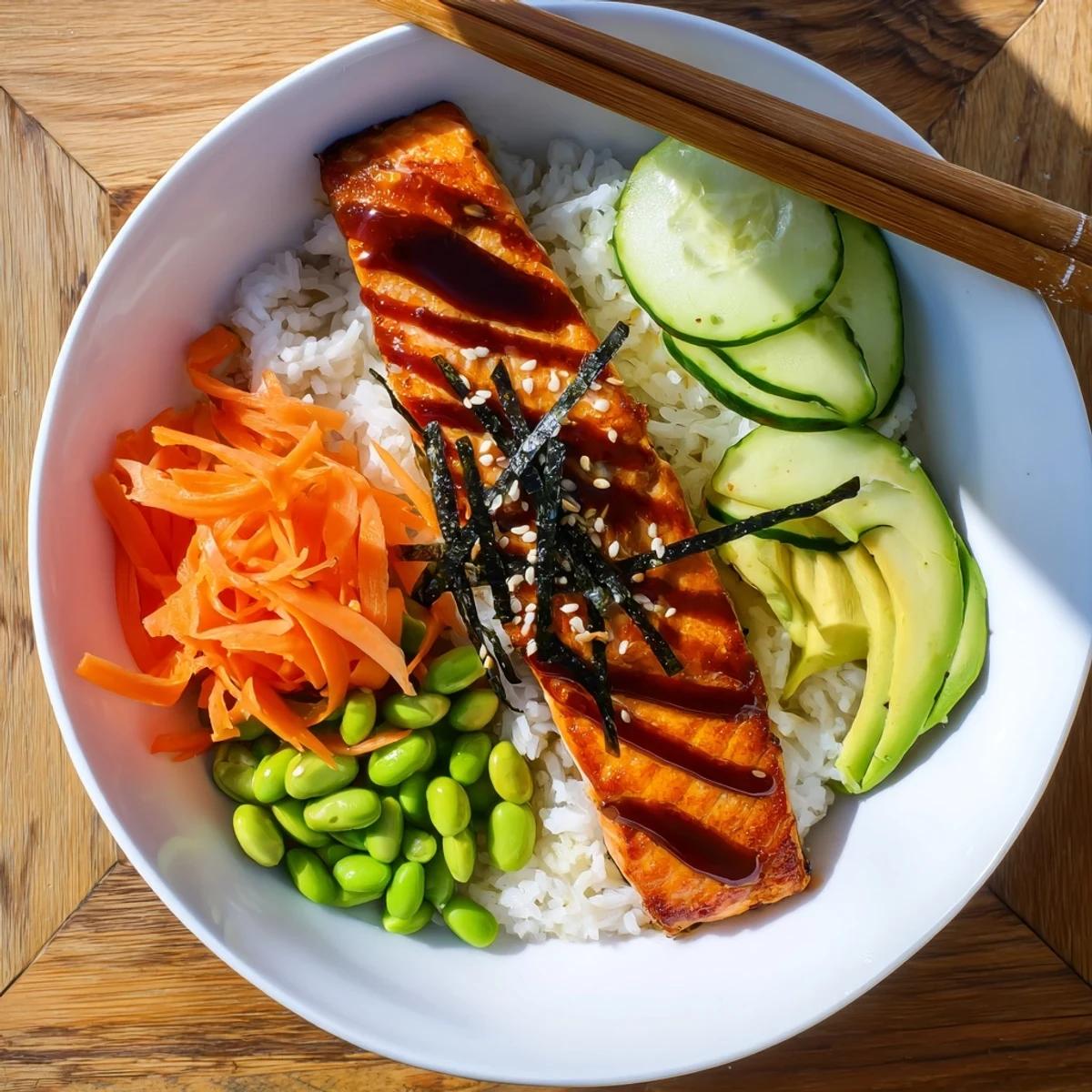Weeknight-ready Crispy Salmon And Rice Bowl drizzled in glossy ginger-soy sauce.