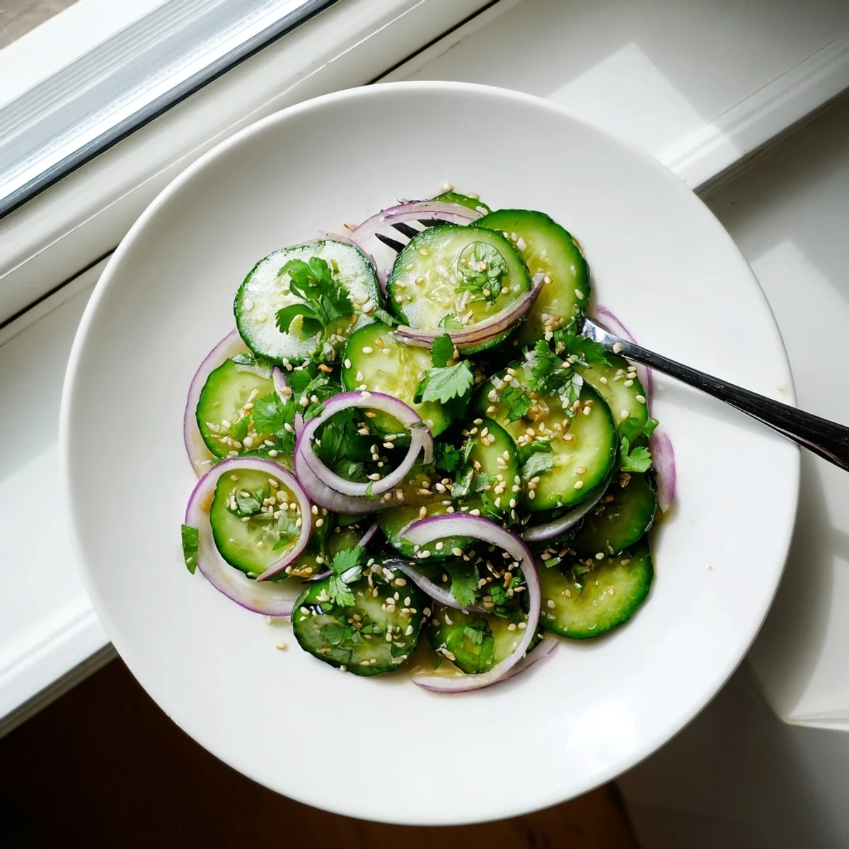 Refreshing Honey Lime Cucumber Salad drizzled with sweet lime dressing and sesame seed topping