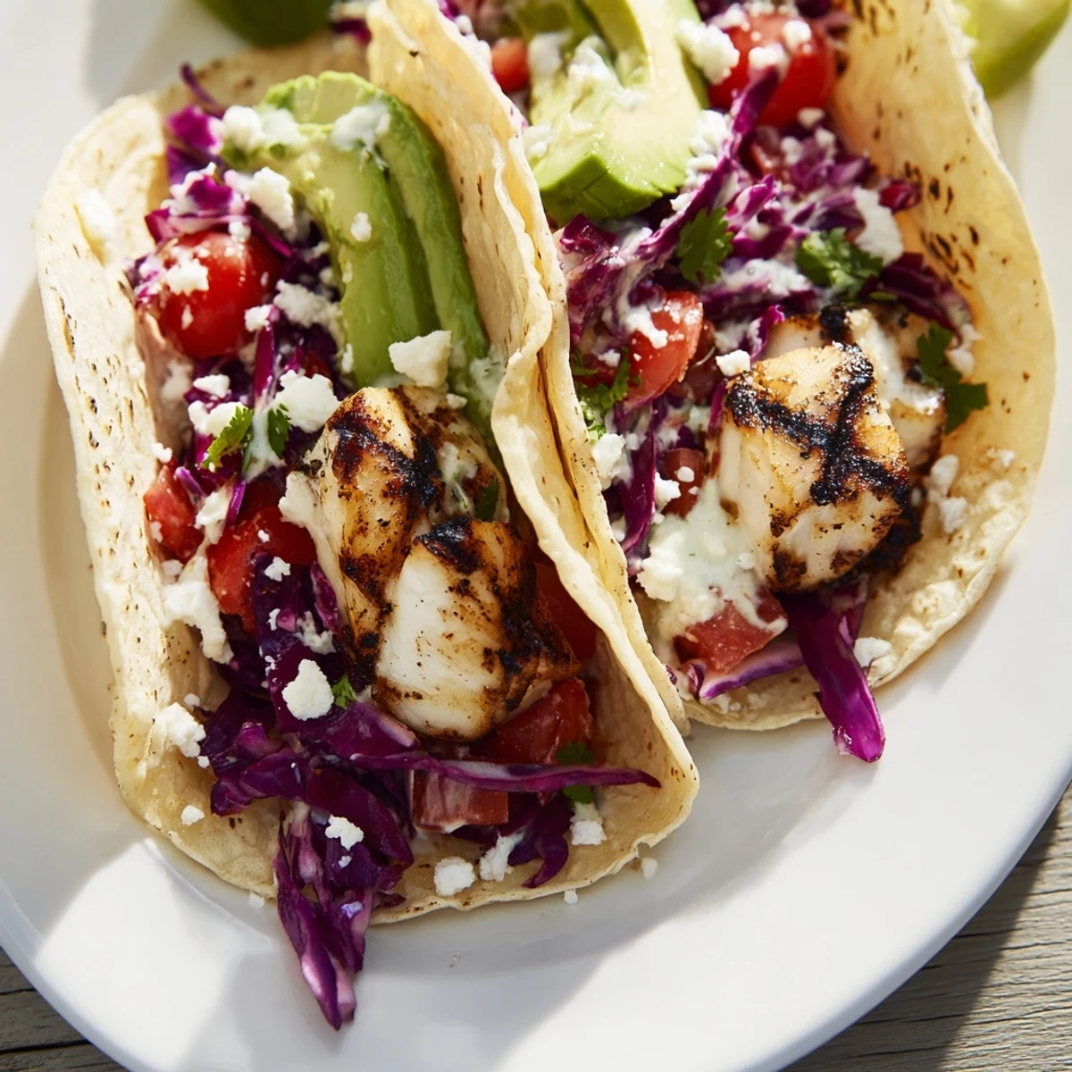Golden grilled fish cilantro tacos topped with fresh cabbage, avocado, and creamy lime sauce on warm corn tortillas