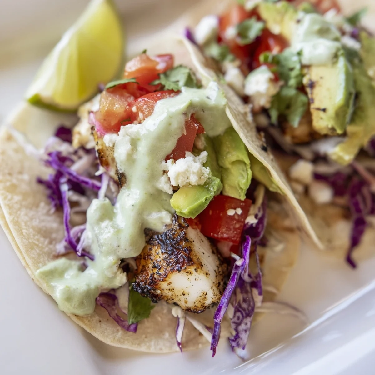 Light and zesty grilled fish cilantro tacos piled high with avocado slices, fresh herbs, and tangy lime crema drizzle