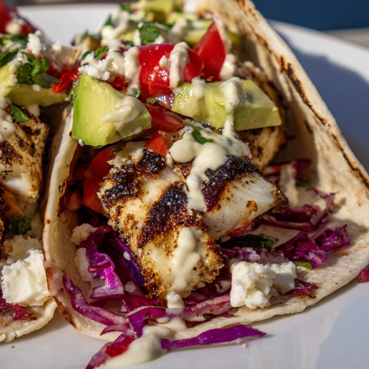 Flaky seasoned grilled fish nestled in cilantro tacos with vibrant red cabbage, diced tomatoes, and crumbled cotija cheese