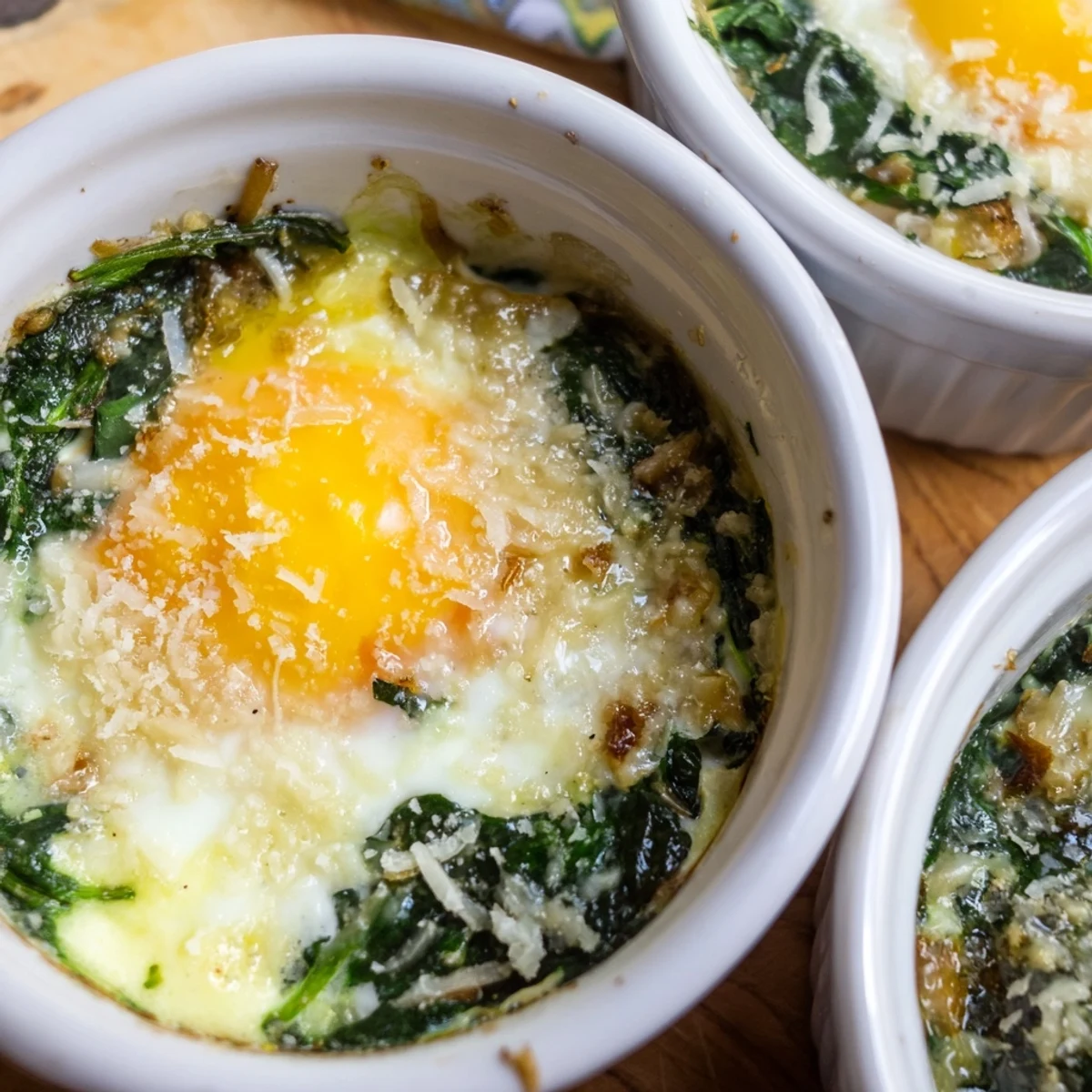 Savory baked eggs spinach parmesan with golden crust and fresh spinach underneath