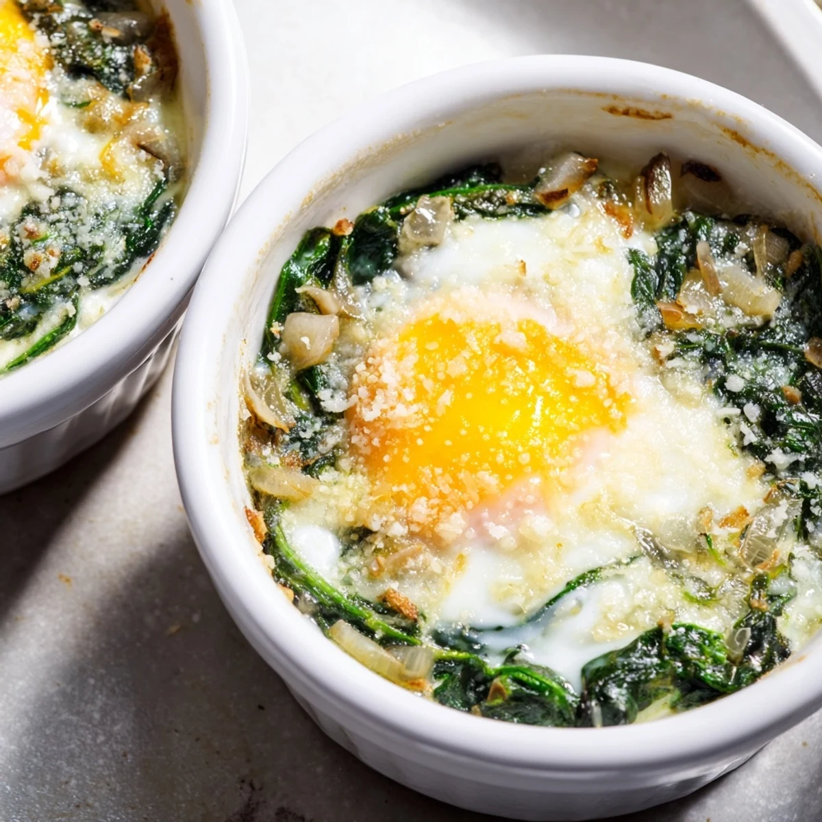 Golden baked eggs spinach parmesan in individual ramekins with melted cheese topping