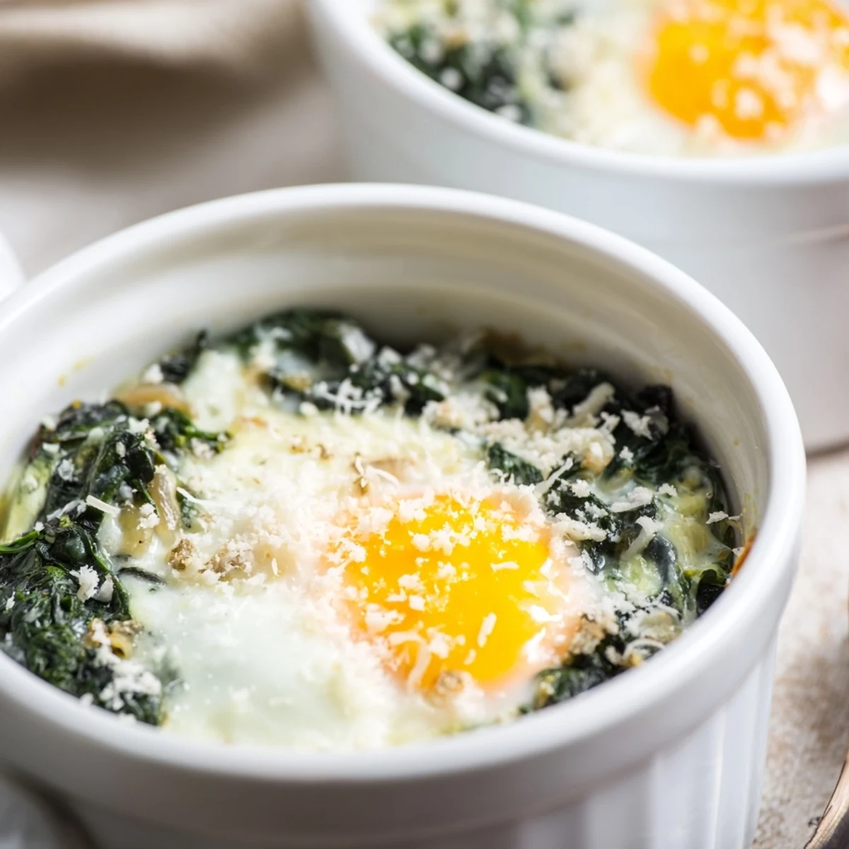 Creamy baked eggs spinach parmesan featuring wilted greens and perfectly set whites